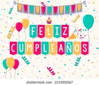 Vector Feliz Cumpleanos, translated Happy Birthday lettering design. Festive illustration with cake for greeting or invitation cards templates