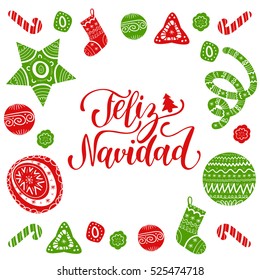 Vector Feliz Navidad, translated Merry Christmas lettering with festive New Year's elements. Happy Holidays typography for greeting card template or poster concept.