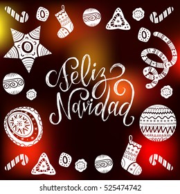 Vector Feliz Navidad, translated Merry Christmas lettering with festive New Year's elements. Happy Holidays typography for greeting card template or poster concept.