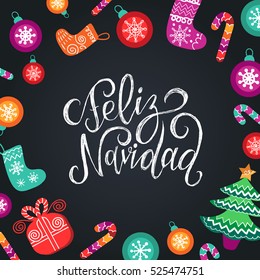 Vector Feliz Navidad, translated Merry Christmas lettering with festive New Year's elements. Happy Holidays typography for greeting card template or poster concept.