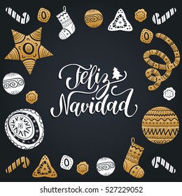 Vector Feliz Navidad, translated Merry Christmas lettering with festive New Year's elements. Happy Holidays typography for greeting card template or poster concept.