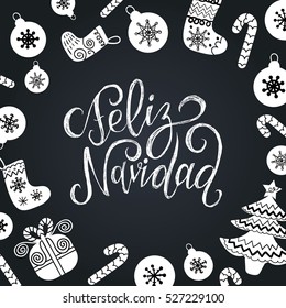 Vector Feliz Navidad, translated Merry Christmas lettering with festive New Year's elements. Happy Holidays typography for greeting card template or poster concept.