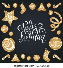 Vector Feliz Navidad, translated Merry Christmas lettering with festive New Year's elements. Happy Holidays typography for greeting card template or poster concept.