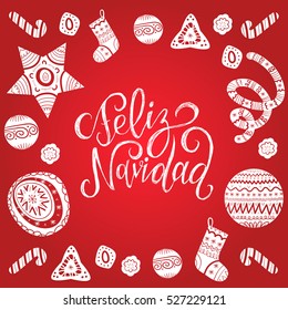 Vector Feliz Navidad, translated Merry Christmas lettering with festive New Year's elements. Happy Holidays typography for greeting card template or poster concept.