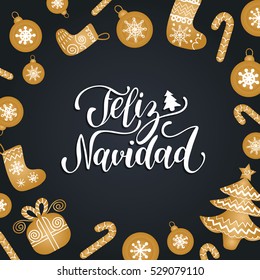 Vector Feliz Navidad, translated Merry Christmas lettering with festive New Year's elements. Happy Holidays typography for greeting card template or poster concept.