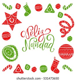 Vector Feliz Navidad, translated Merry Christmas lettering with festive New Year's elements. Happy Holidays typography for greeting card template or poster concept.
