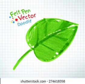 Vector felt pen child drawing of green leaf on checkered school notebook paper.