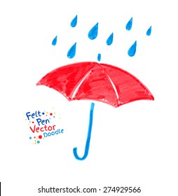 Vector felt pen child drawing of red umbrella and rain drops.