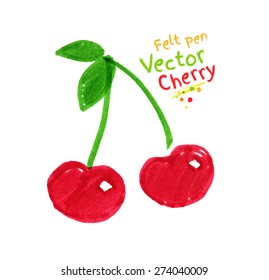 Vector felt pen childlike drawing of cherries.
