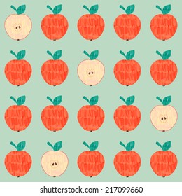 Vector felt tip marker pen drawn red and half apple seamless pattern on green background