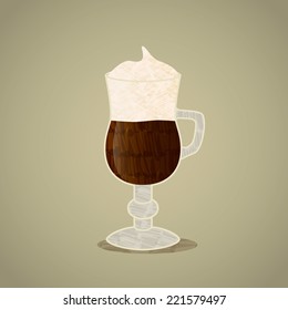 Vector felt tip marker pen drawn irish coffee in a glass with cream flat icon isolated on neutral background