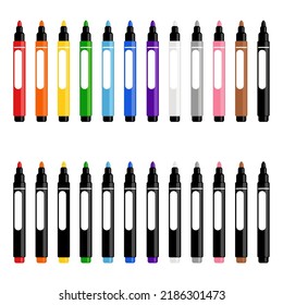 Vector felt-tip pens colored markers on white background twelve colors open