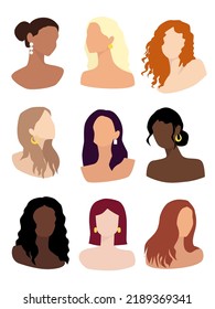 Vector female avatars. Various portrait girls with different hair color and hairstyles. 