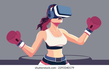 Vector of Female Boxer Wearing VR Headset With Boxing Gloves On Gray And Purple Background.