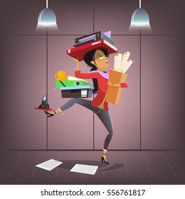 Vector female business character in cartoon style. Busy multitasking office manager. Company secretary or boss personal assistant.