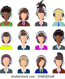 Vector female call center avatars in a flat style with a headset, conceptual of business communication. Avatars with a headphones and microphones set vector illustration.