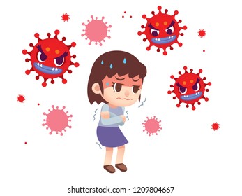 Vector female character around with germ, virus, bacteria isolated on white background