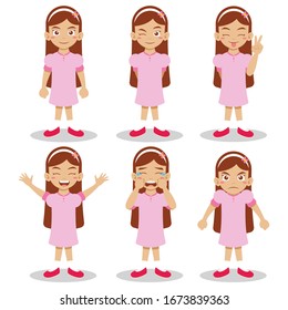 Vector female character in cartoon flat style. Set of flat girl character design collection. Different emotions,facial expression:happy, joy, laughter, sadness, anger, surprise.