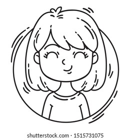 Vector female character in cartoon style. Avatar girl in a circle. Black and white vector illustration isolated on white background. Character for web.