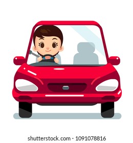 Vector female character driving a car isolated on white background