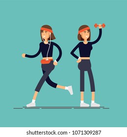 Vector female character fitness poses. Cool set of different exercise poses.. Girl doing fitness exercises. Running, sit-ups