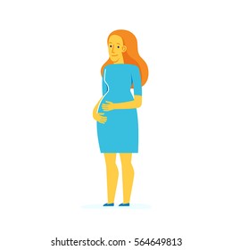 Vector female character illustration in flat style - pregnant woman smiling and touching her belly - healthy pregnancy concept