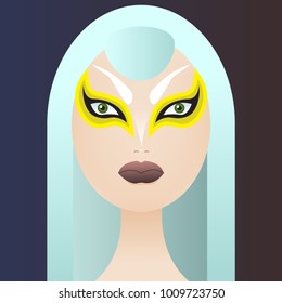 Vector female character with make up and blue hair.