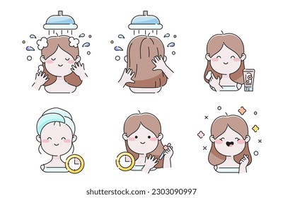 El Carácter Vector Femenino Hace Rutina El Cuidado Del Pelo. Cuta serie de ilustraciones de una chica que aplica tratamientos de pelo, cómo hacer señas, usar aceite de suero y disfrutar del resultado en un estilo asiático.