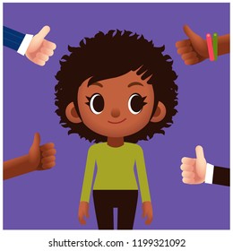 Vector female character with many thumb up hands, like gesture hands 