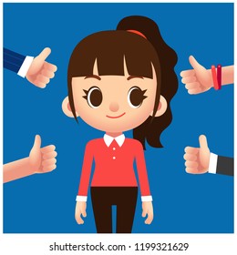 Vector female character with many thumb up hands, like gesture hands