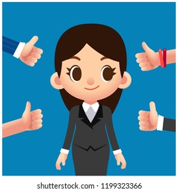 Vector female character with many thumb up hands, like gesture hands