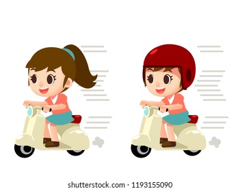 Vector female character riding on a scooter, motorcycle isolated on white background