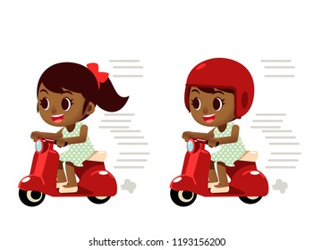 Vector female character riding on a scooter, motorcycle isolated on white background