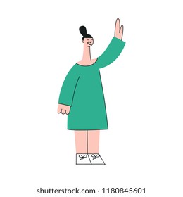 Vector female character waving hands to colleagues greeting after successful development meeting, collaboration. Office worker, business woman, and cooperation and teambuilding.