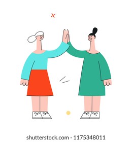 Vector female characters giving high five to colleagues greeting after successful development meeting, collaboration. Office worker, business women, and cooperation and teambuilding.
