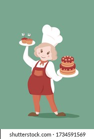 Chef vectorial con pelo rubio y rizado en el sombrero de la cocinera y delantal con bizcochos y tartas en mano sobre un fondo verde. Para un sitio web, postales.