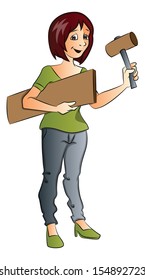 Vector of female construction worker holding hammer and wooden plank.