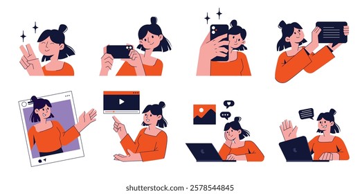 Vector female content creator in various poses