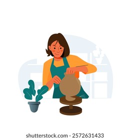 Vector of female craftsmen make a vase