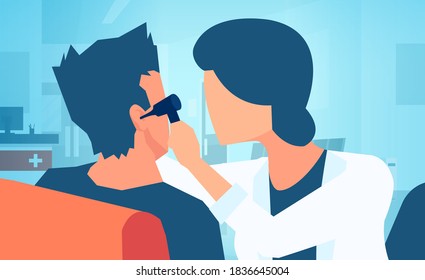 Vector de una doctora femenina que revisa el oído con otoscopio durante el examen médico
