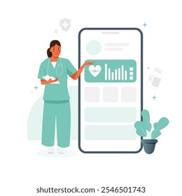 Vetor de médica mulher explicar ou mostrar aplicação móvel de saúde