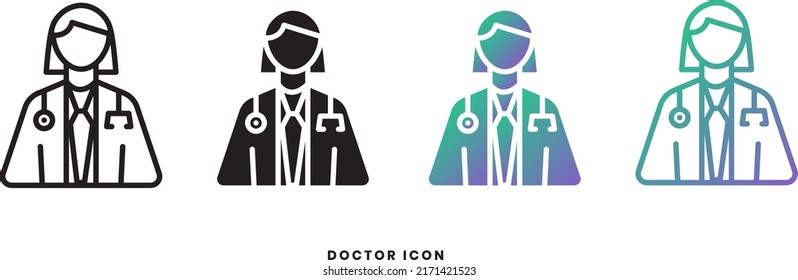 Vector Female Doctor Icon In Solid, Gradient And Line Styles. Trendy Colors. Isolated On A White Background