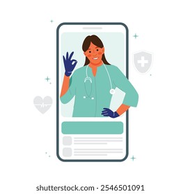 Vektor der weiblichen Arzt posiert ok innerhalb der mobilen Gesundheitsanwendung