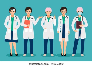 Vector female doctor or smiling woman pharmacist poses isolated on background