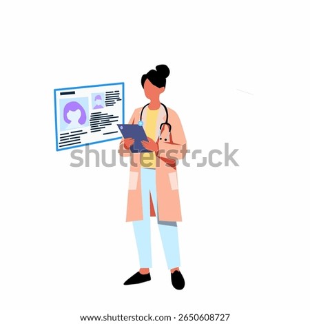Vector of female doctor with tablet reading patient data in a modern 3D corner room background