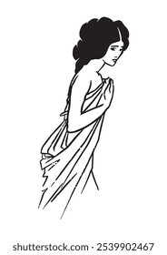 Dibujo femenino de Vector de una señora con el pelo negro en blanco y negro