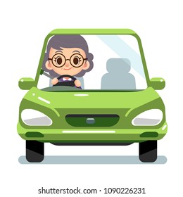 Vector female elderly character driving a car isolated on white background