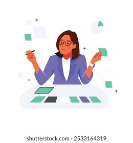 Vector of female employee managing her task using sticky notes