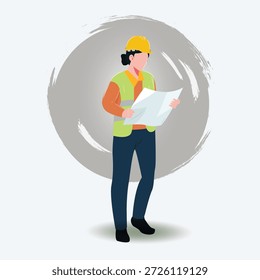 Vetor de uma engenheira vestindo um capacete de segurança amarelo e um colete reflexivo verde segurando um papel