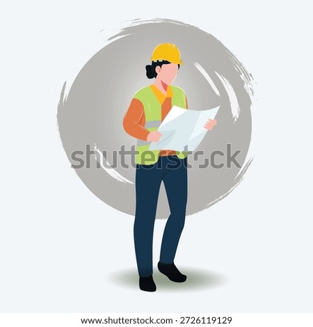 Vector of a female engineer wearing a yellow safety helmet and green reflective vest holding a paper
